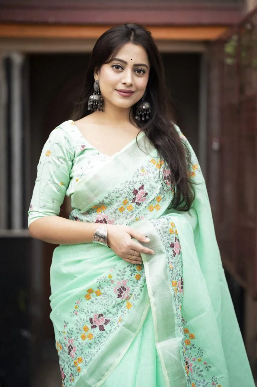 Linen Saree with Floral Embroidery & Silk Embroidery Blouse | New Collection (Green)